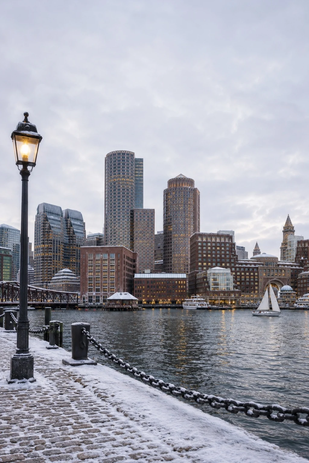 Boston Harbor skyline in winter, seen from Fan Pier